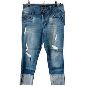 Evermore High Rise Distressed Ankle Crop Jeans Cuffed Stretch Denim Blue Size 30